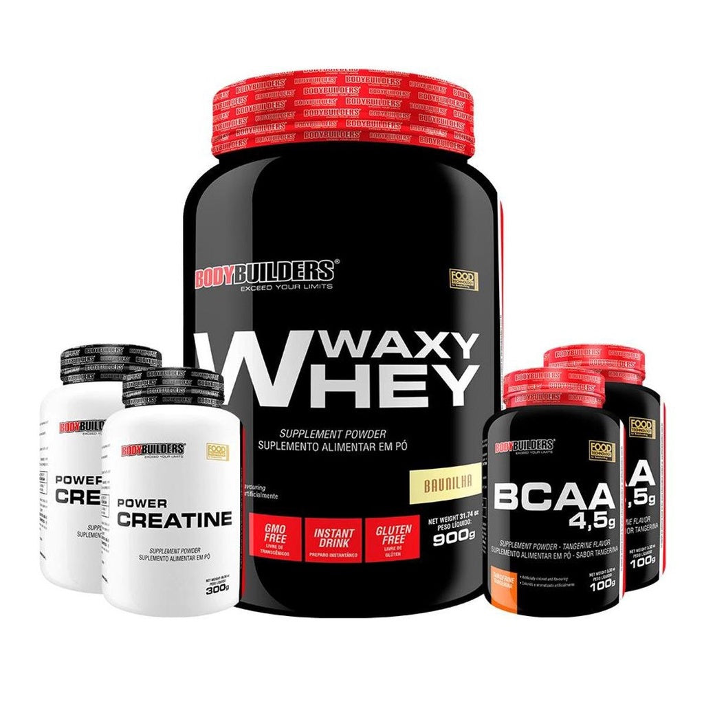 Kit Whey Protein Waxy Whey Pote 900g + 2x BCAA 100g + 2x Power Creatina 100g- Kit para Ganho de Massa Muscular-
