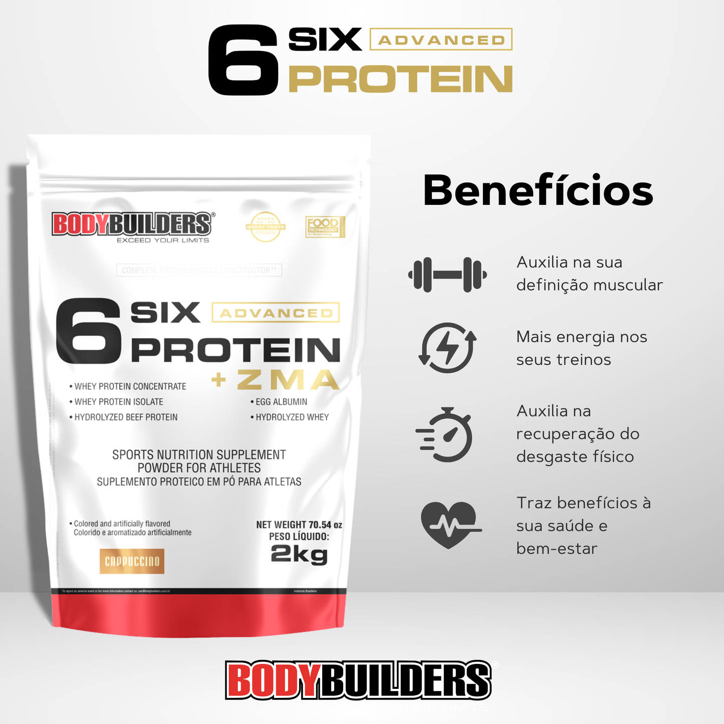 Kit 6 Six Protein Advanced c/ZMA 2kg + Glutamina 100% 300g - Bodybuilders