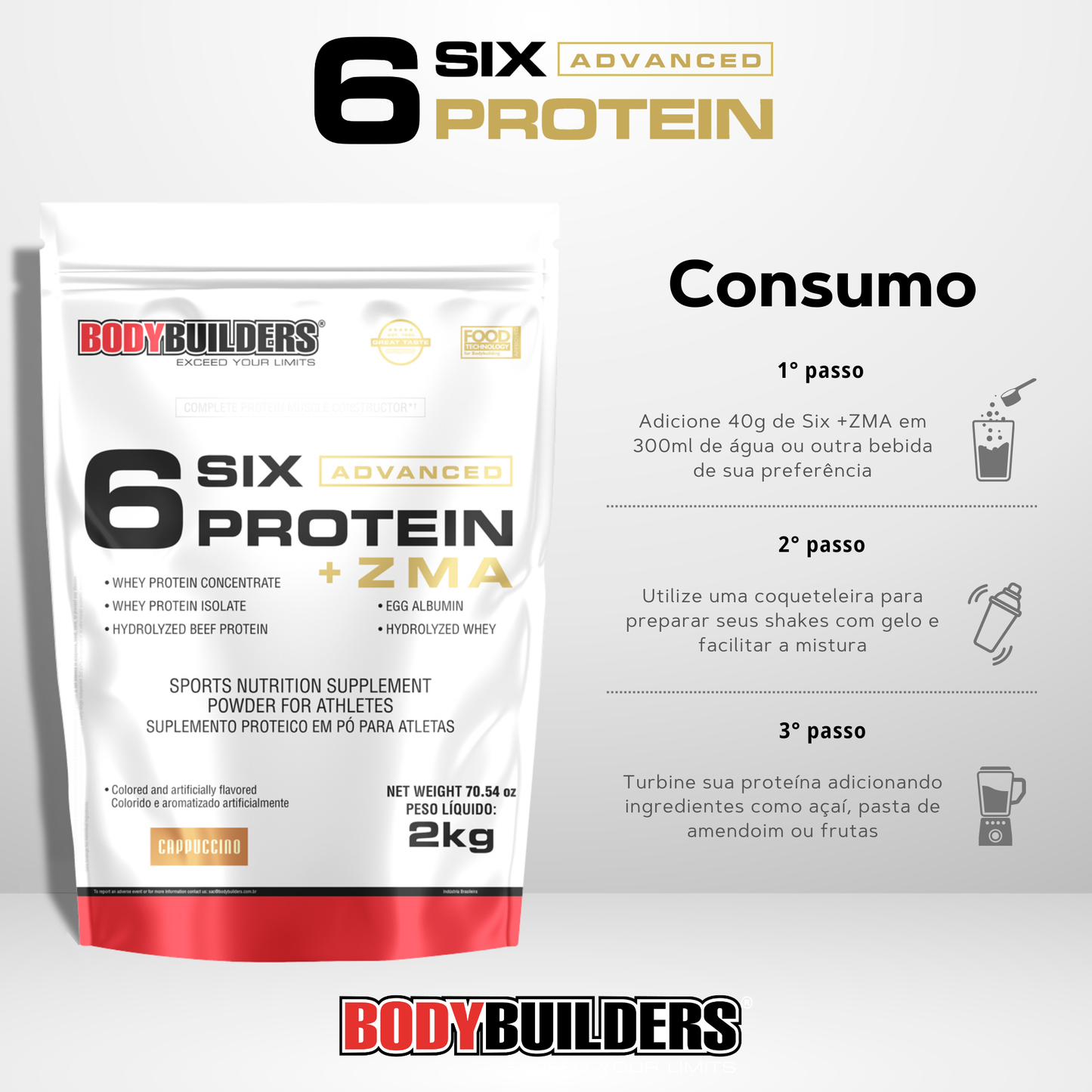 Kit 6 Six Protein Advanced c/ZMA 2kg + Glutamina 100% 300g - Bodybuilders