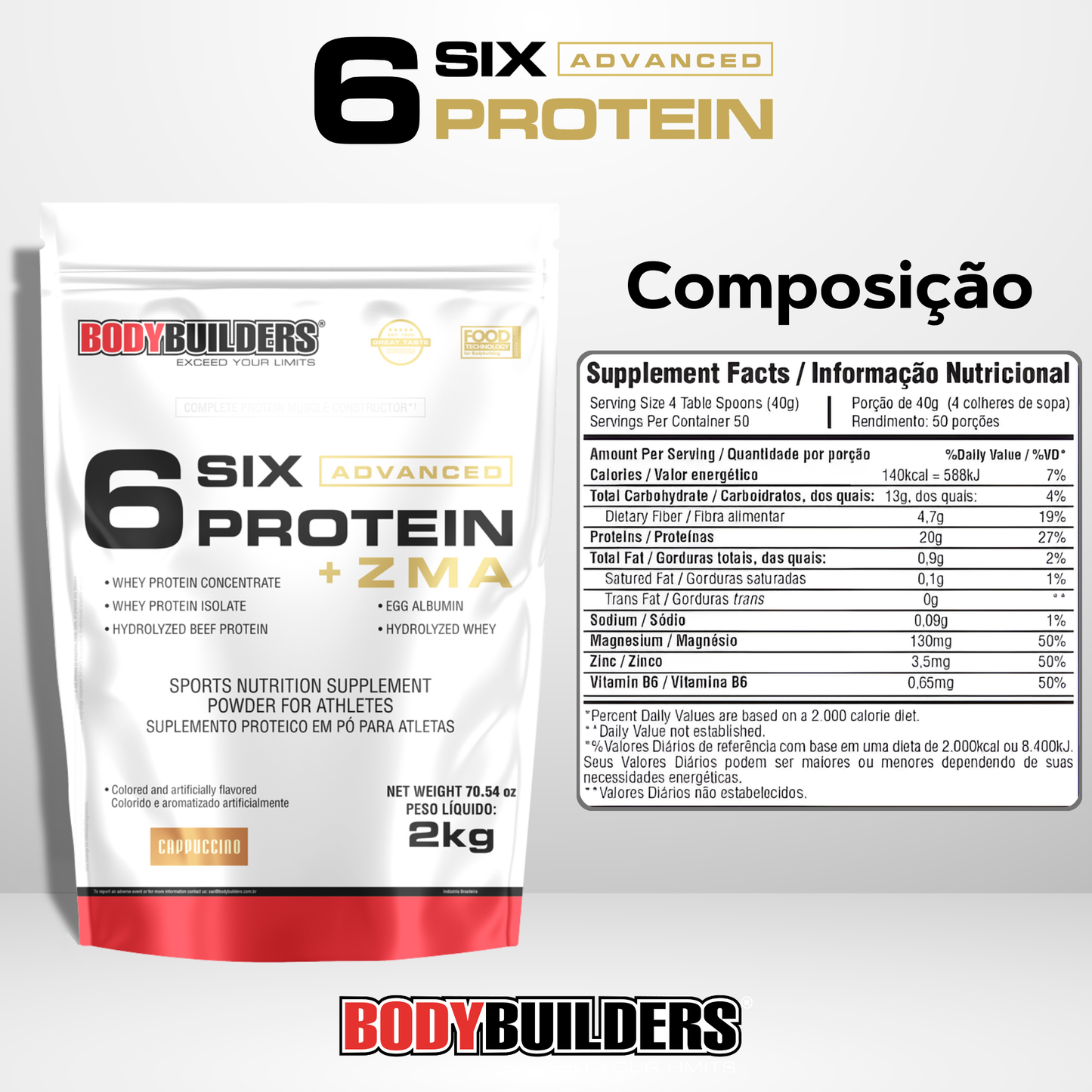 Kit 6 Six Protein Advanced c/ZMA 2kg + Glutamina 100% 300g - Bodybuilders