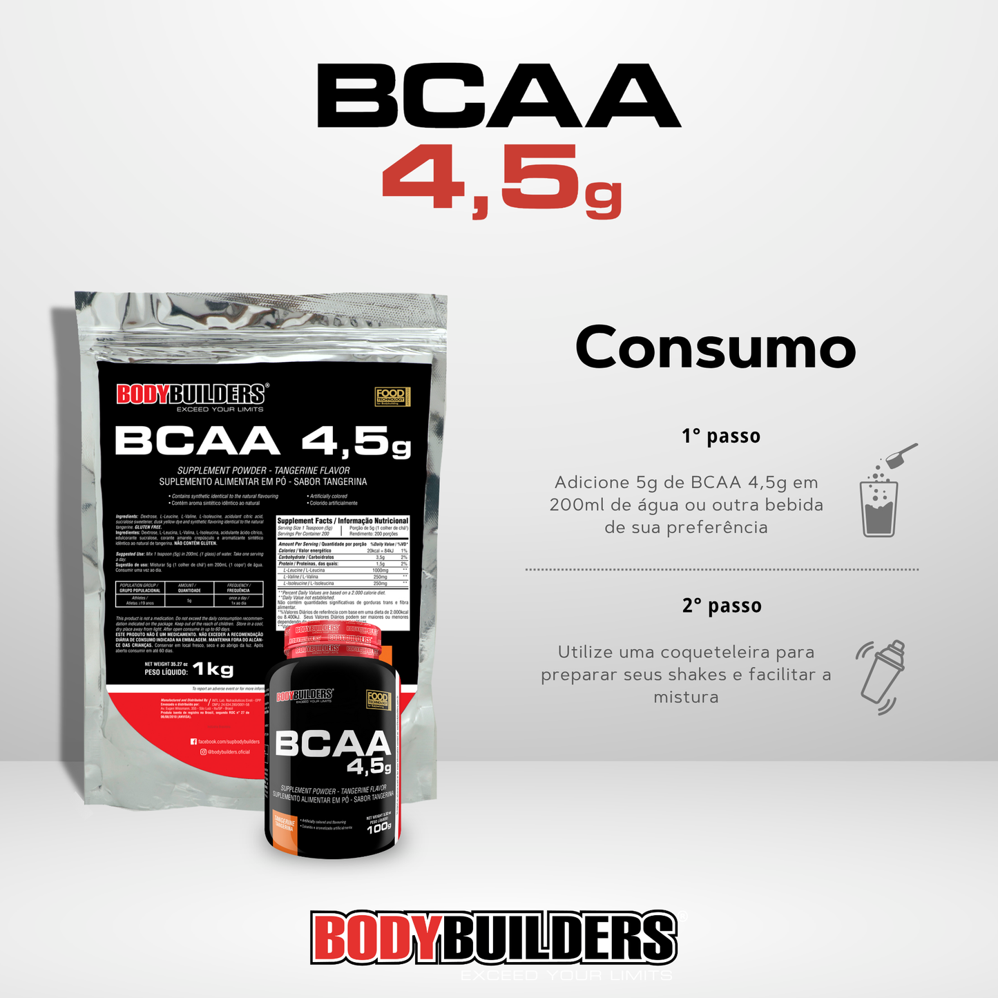 Kit Whey Protein 500g + BCAA 4,5g 100g + Coqueteleira 600ml - Bodybuilders