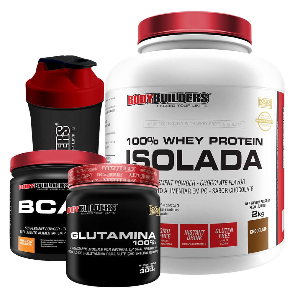 Kit Whey Isolada 2kg + Glutamina 300g + BCAA 250g + Coqueteleira - Bodybuilders