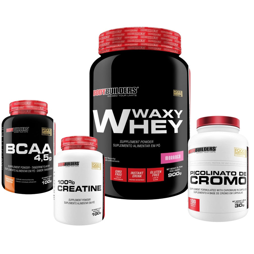 KIT Whey Protein 900g + BCAA 4.5 100g + Creatina 100g + Picolinato 100 Cápsulas - Bodybuilders