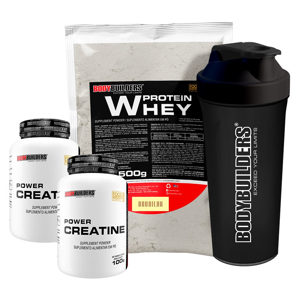 KIT Whey Protein 500g + 2x Creatina 100g + Coqueteleira - Bodybuilders