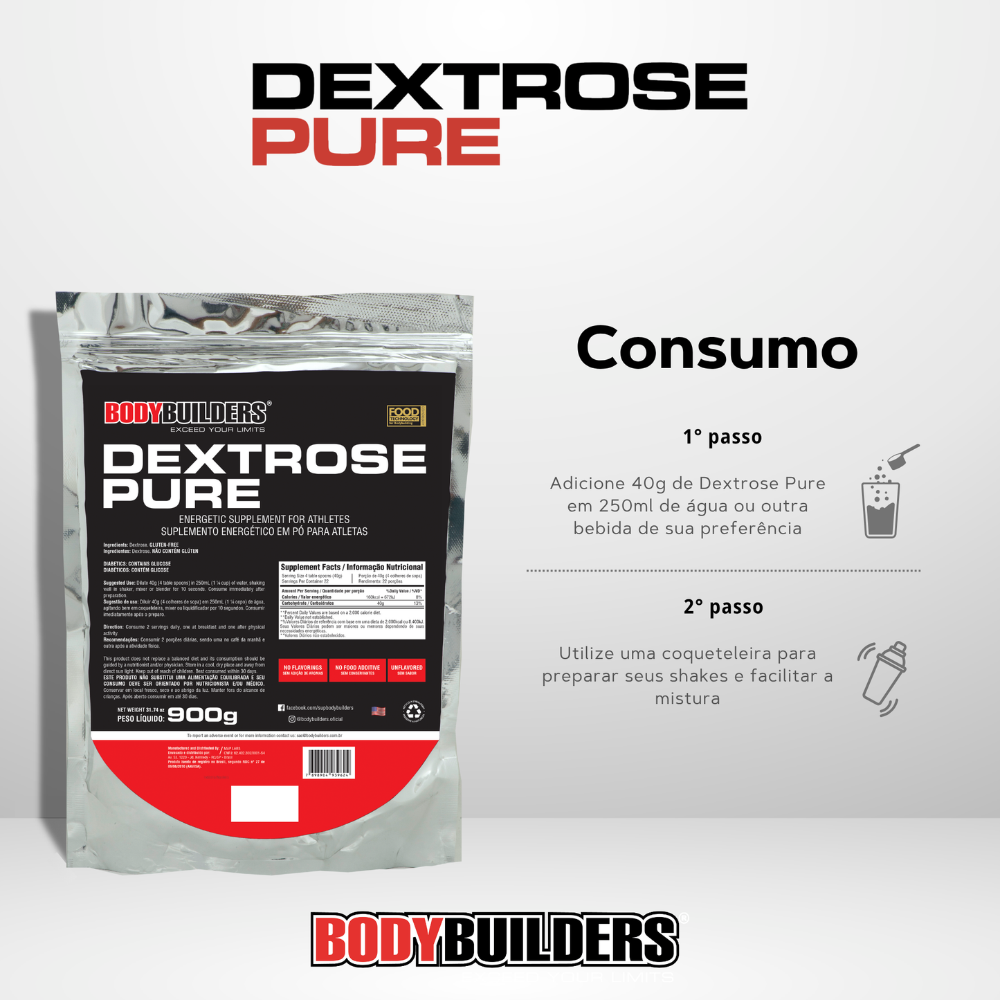 Dextrose Pura 900g Natural - Bodybuilders