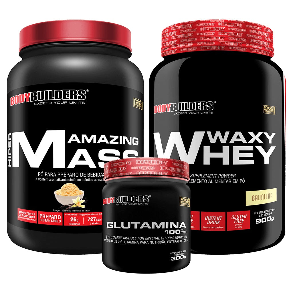 Kit Waxy Whey 900g + Hipercalórico Amazing Mass 1,5kg + Glutamina 100% 300g – Bodybuilders