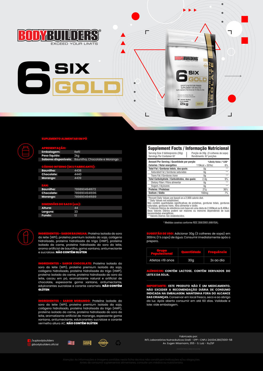 Kit Whey Six Isolate Gold 2kg + Creatina 100g + BCAA 100g Tangerina + Coqueteleira - Bodybuilders