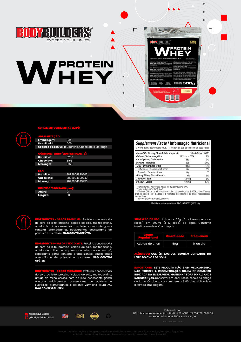 KIT Whey Protein 500g + Power Glutamina 100g + Coqueteleira - Bodybuilders