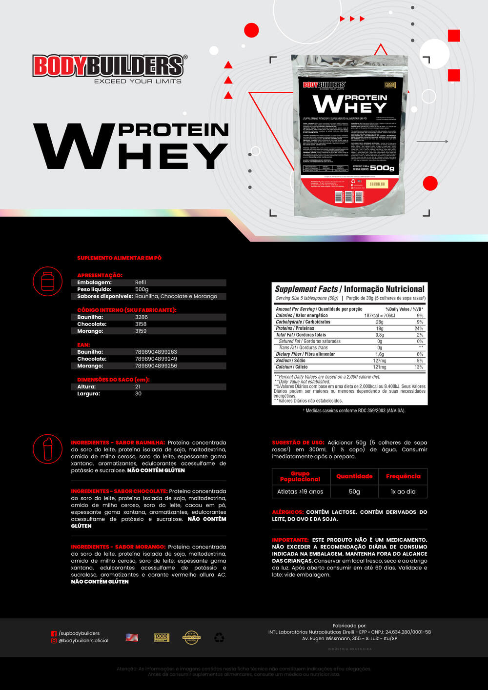 KIT Whey Protein 500g + Power Creatina 100g + POWER Glutamina 100g + BCAA 4.5g 100g - Bodybuilders