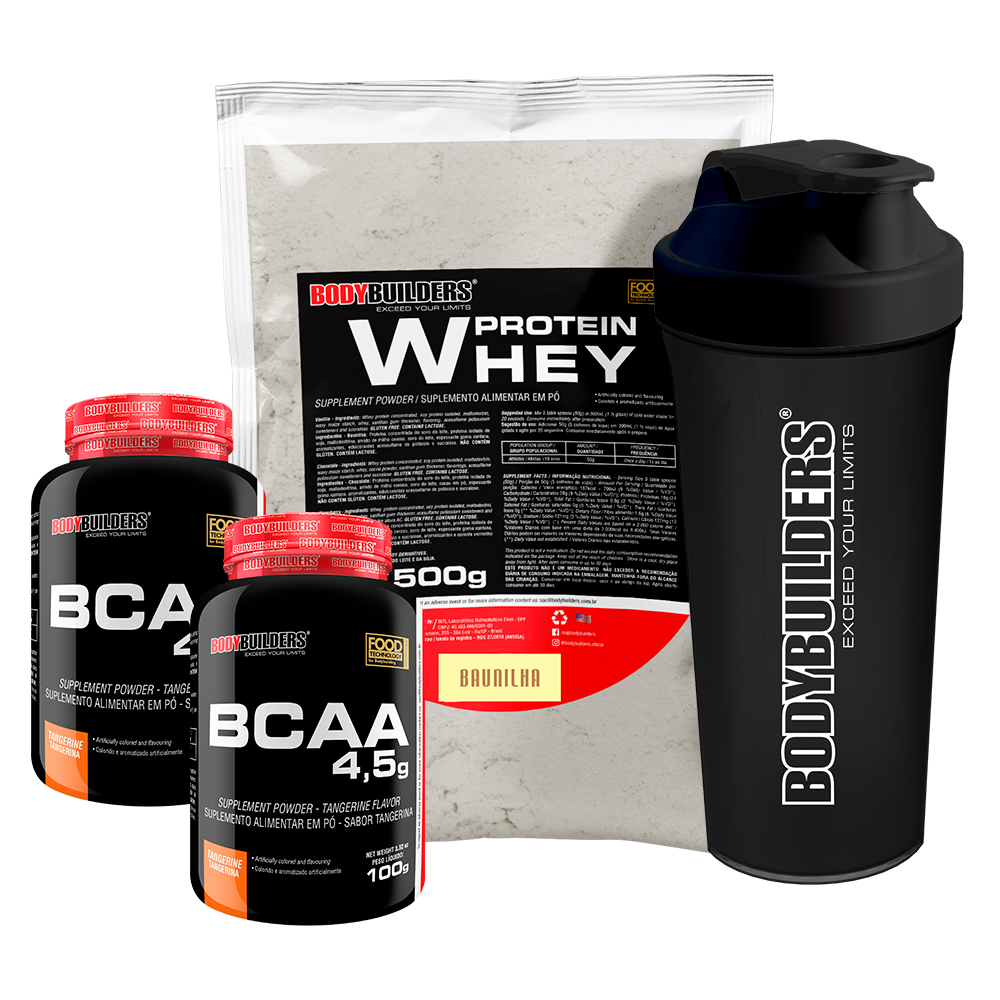 KIT Whey Protein 500g + 2x BCAA 100g + Coqueteleira - Bodybuilders