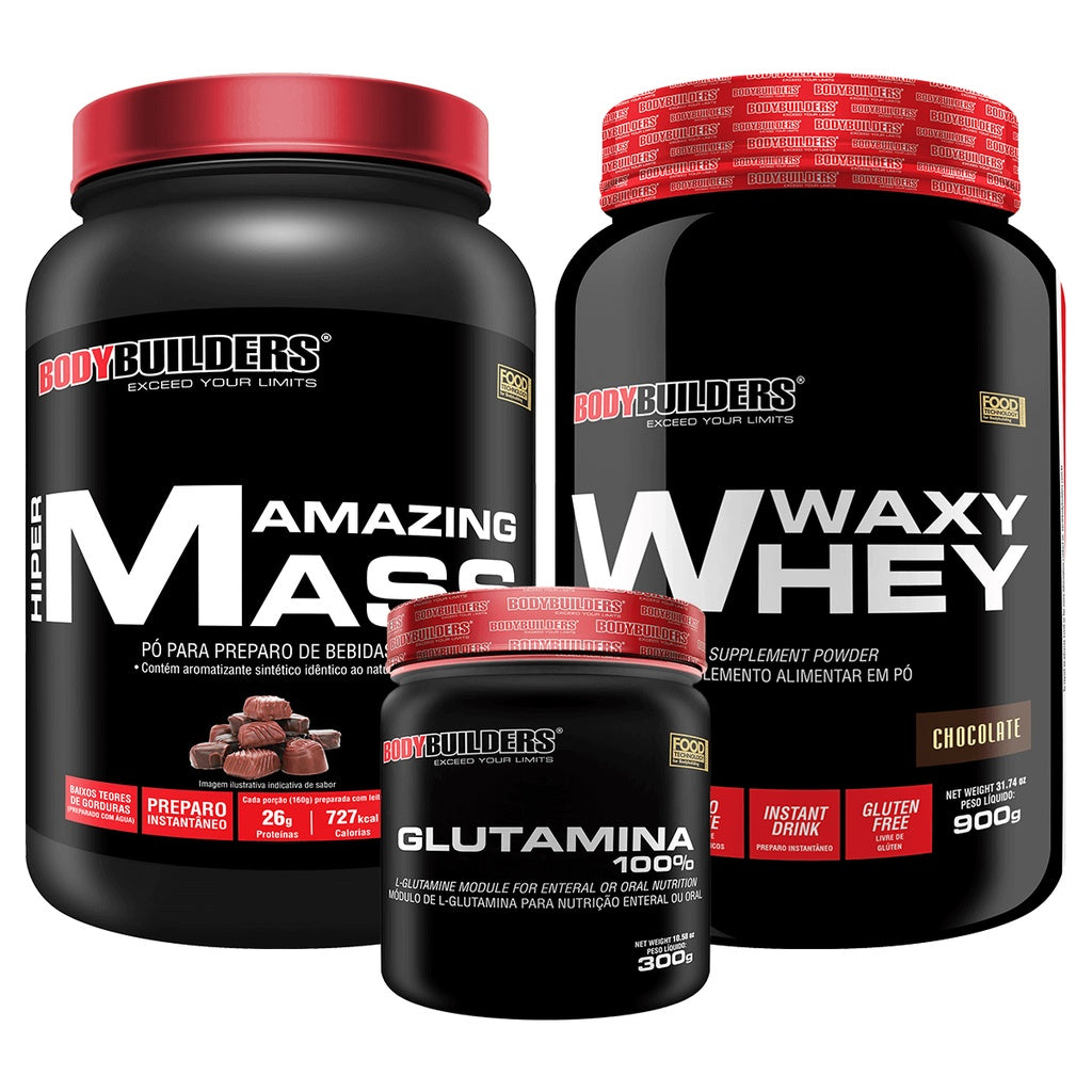 Kit Waxy Whey 900g + Hipercalórico Amazing Mass 1,5kg + Glutamina 100% 300g – Bodybuilders