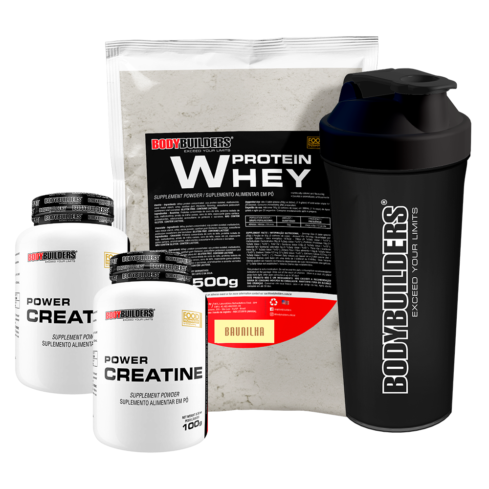 Kit Whey Protein 500g + 2x Power Creatine 100g + Coqueteleira 600ml - Bodybuilders