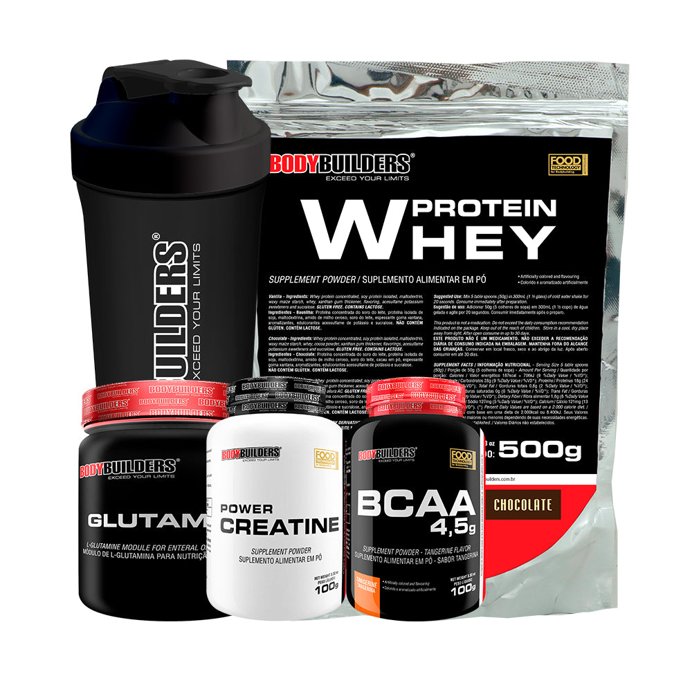 Kit Whey Protein 500g + Glutamina 300g + Power Creatina 100g + BCAA 100g + Coqueteleira - Bodybuilders