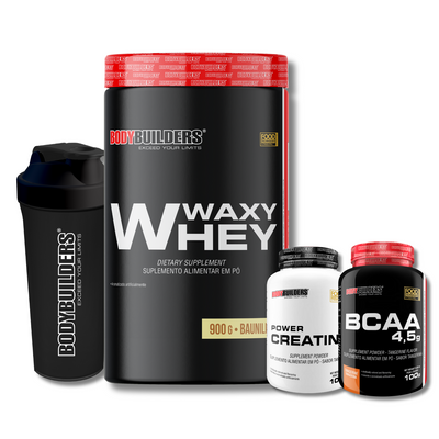 Kit Waxy Whey 900g + BCAA 4,5g 100g + Power Creatina 100g + Coqueteleira 600ml - Bodybuilders