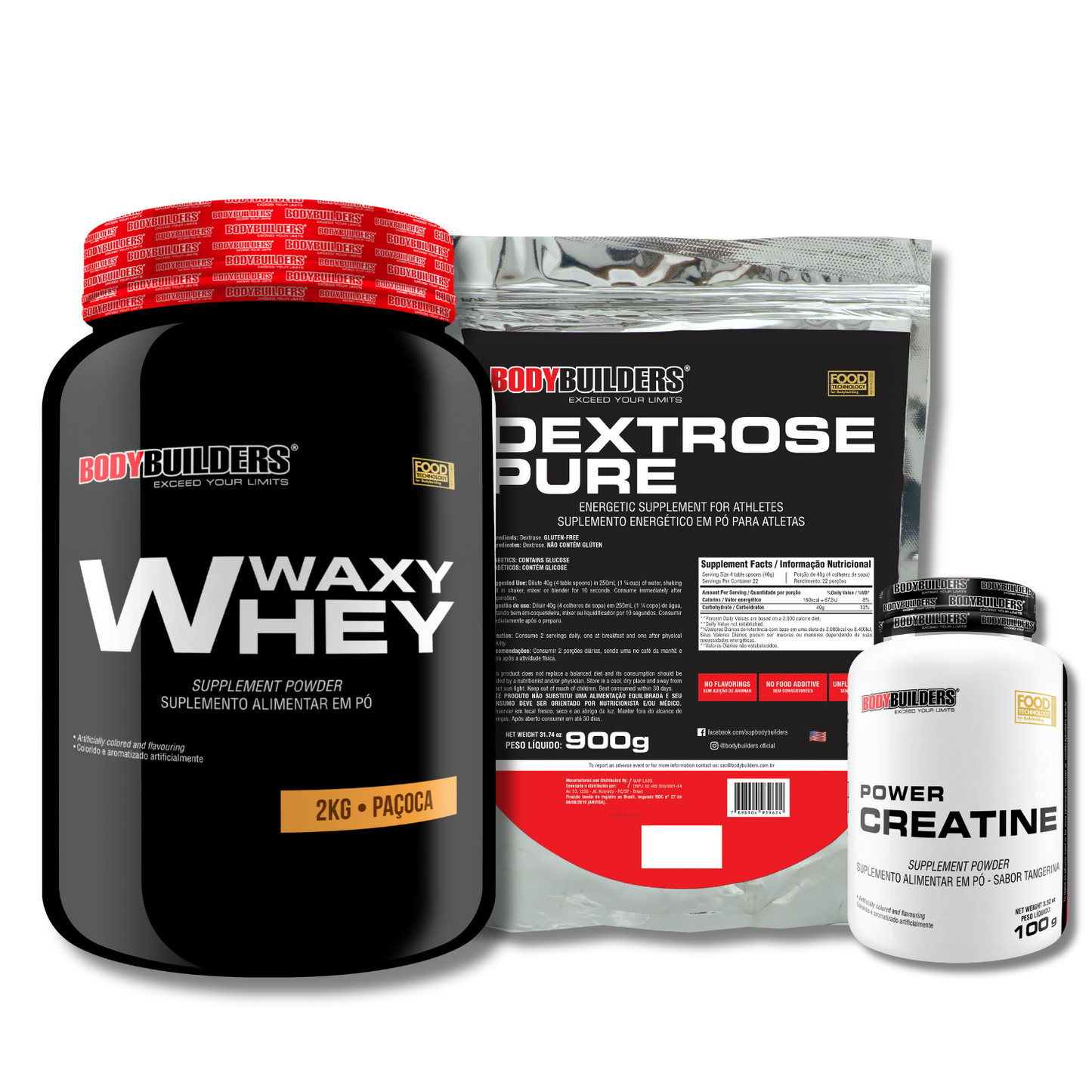 Kit Waxy Whey 2kg + Dextrose Pure 900g + Power Creatine 100g - Bodybuilders