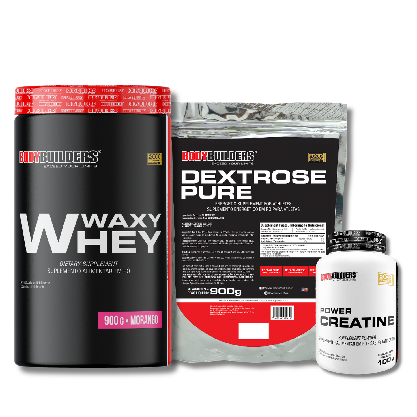 Kit Waxy Whey Protein 900g + Creatine 100g + Dextrose 900g - Bodybuilders