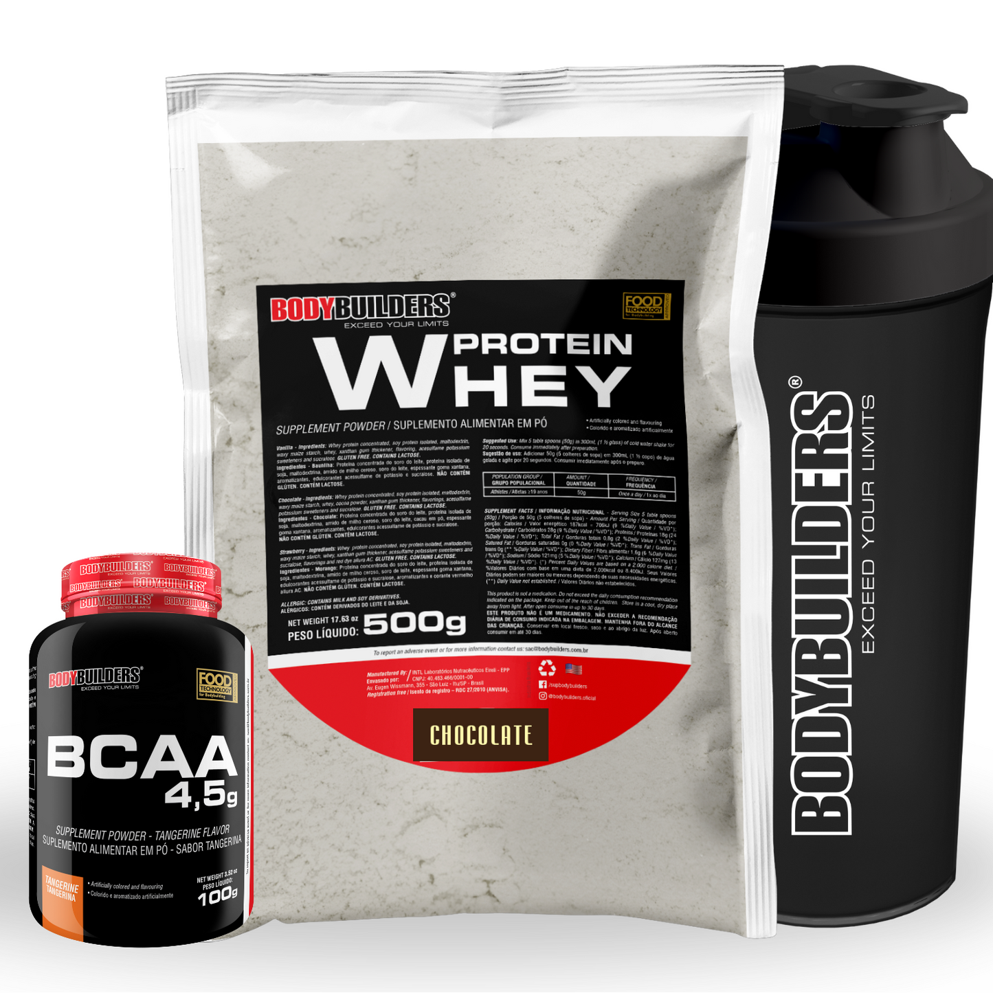 Kit Whey Protein 500g + BCAA 4,5g 100g + Coqueteleira 600ml - Bodybuilders