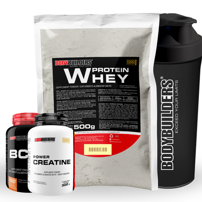 Kit Whey Protein 500g + BCAA 4,5 100g + Power Creatine 100g + Coqueteleira 600ml – Bodybuilders
