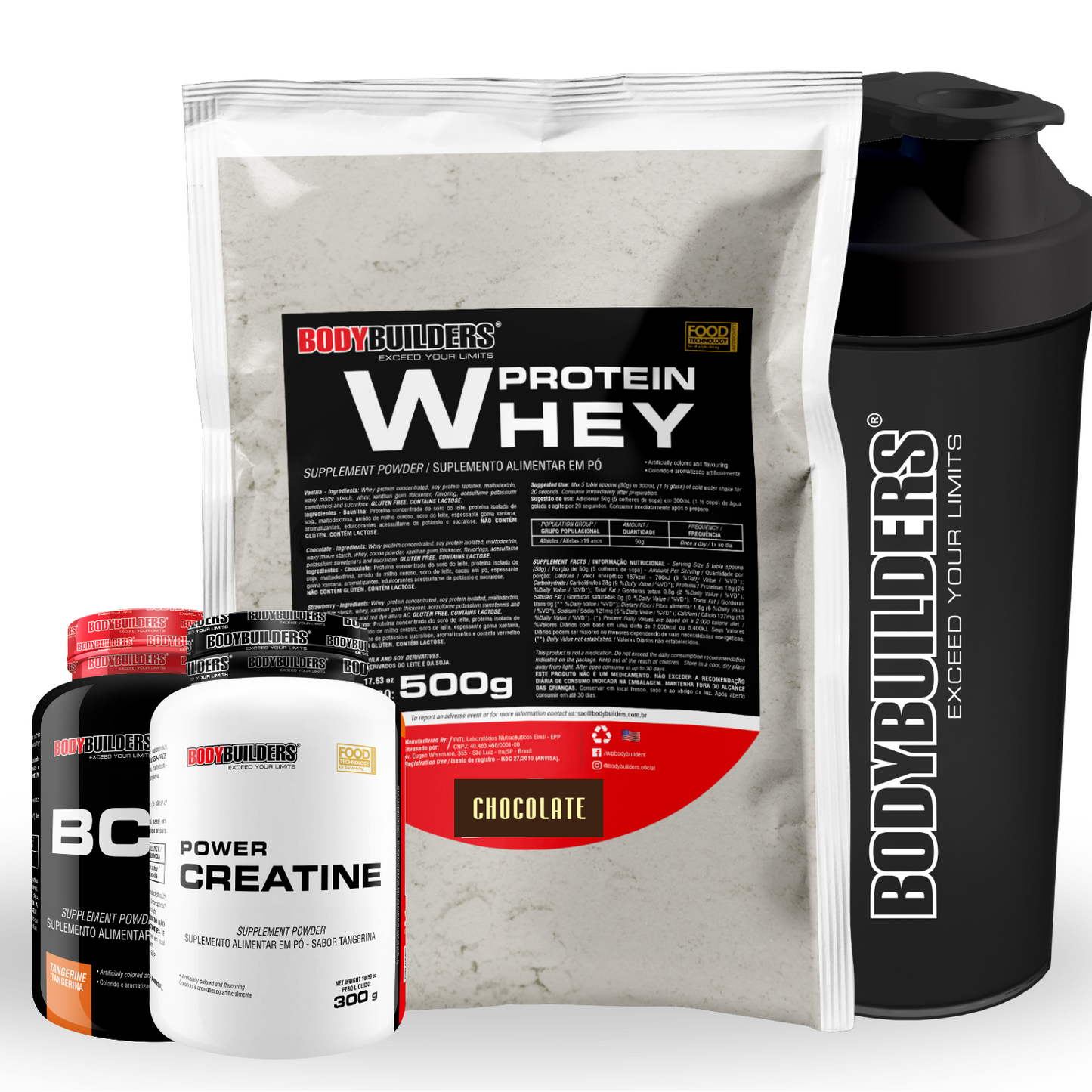 Kit Whey Protein 500g + BCAA 4,5 100g + Power Creatine 100g + Coqueteleira 600ml – Bodybuilders