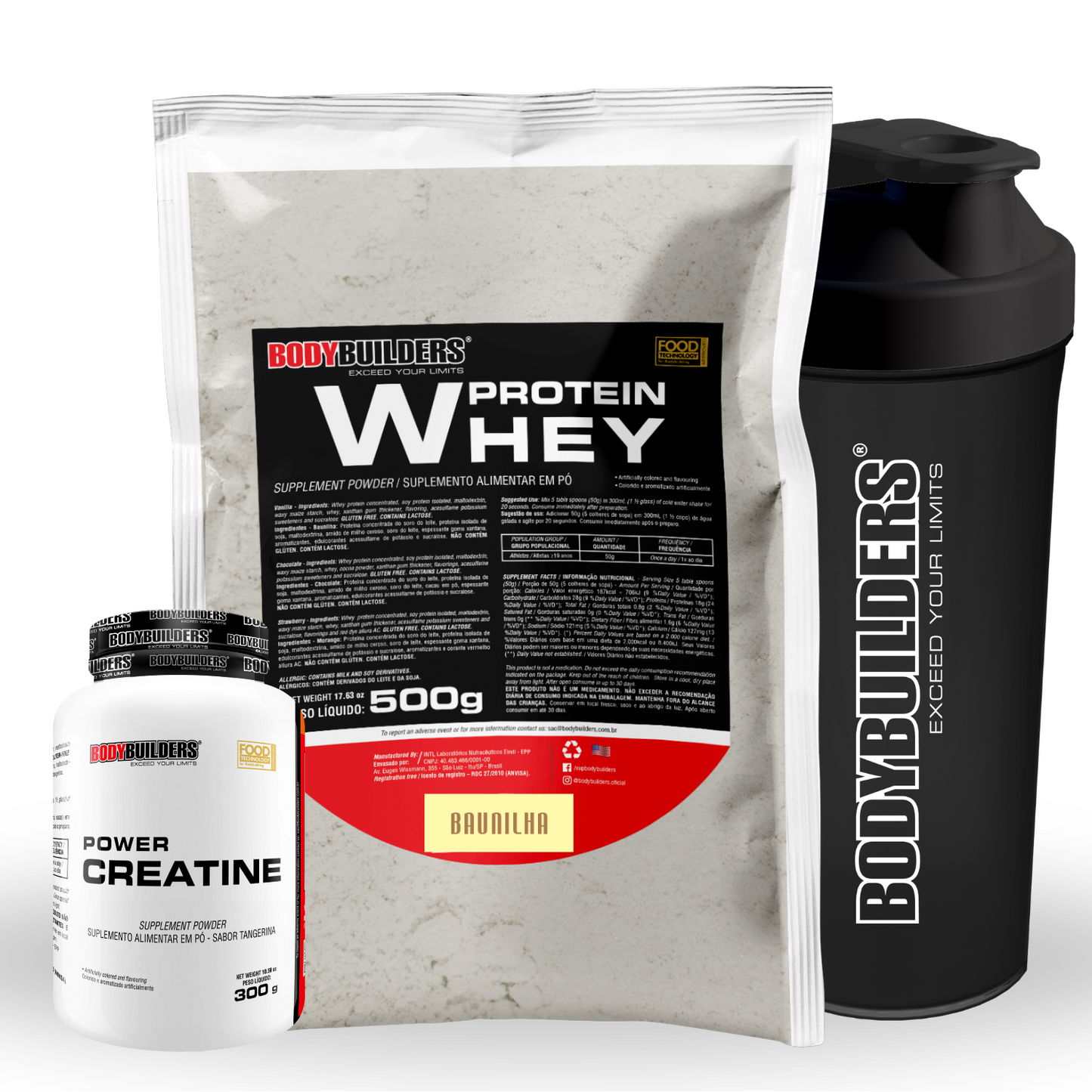 Kit Whey Protein 500g + Power Creatine 300g + Coqueteleira 600ml - Bodybuilders