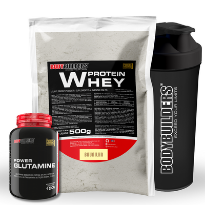 Kit Whey Protein 500g + Power Glutamine 100g + Coqueteleira 600ml - Bodybuilders