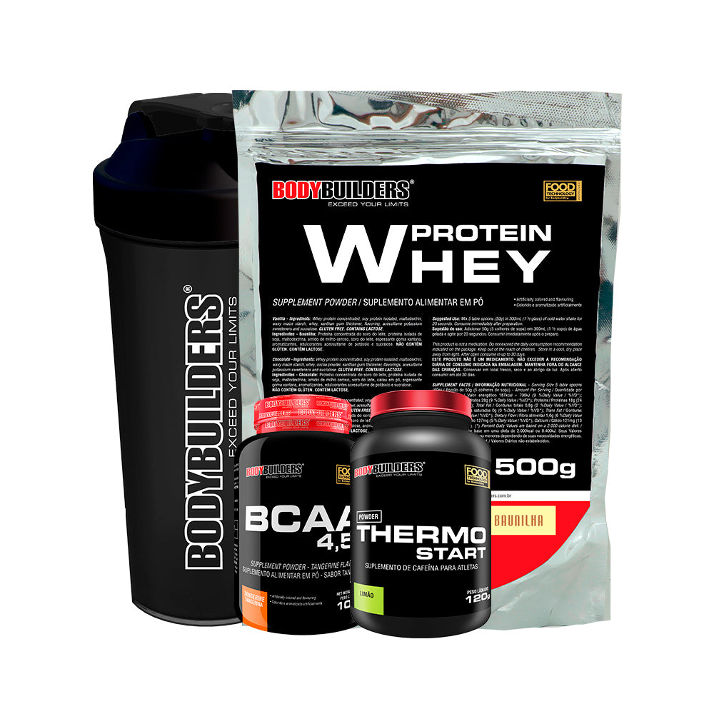 Kit Whey Protein 500g + BCAA 100g + Thermo Start 120g + Coqueteleira -Bodybuilders