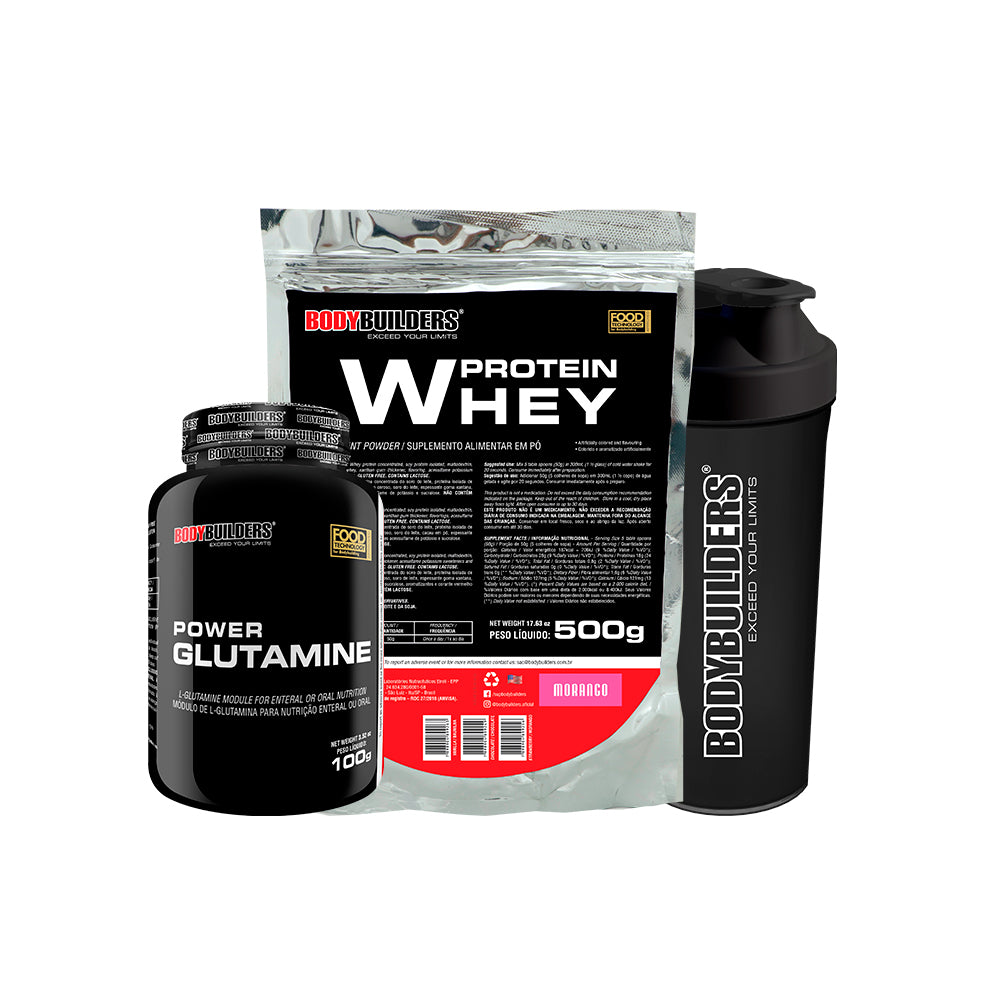 KIT Whey Protein 500g + Power Glutamine 100g + Cocktail Shaker - Bodybuilders