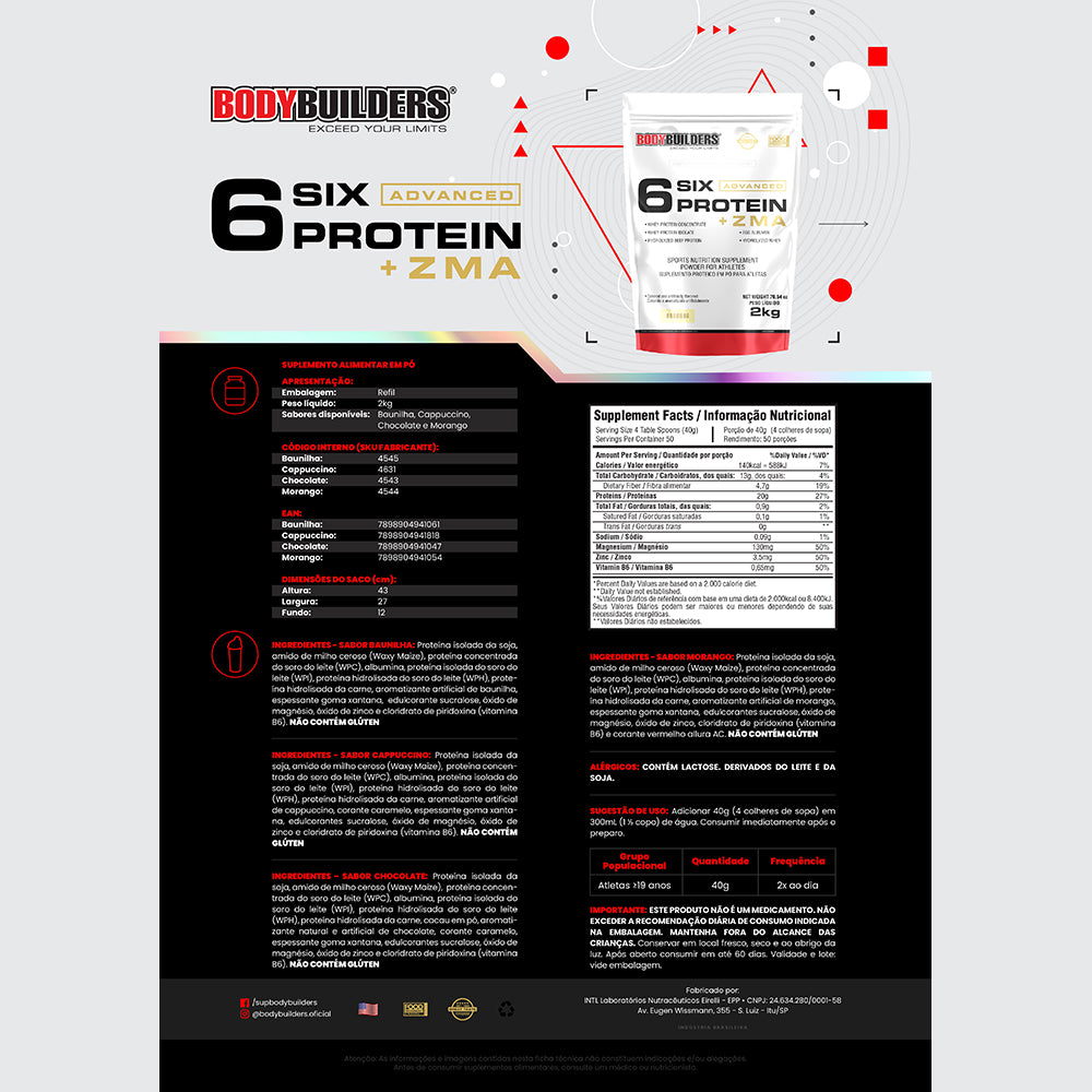 6 Six Protein Advanced c/ ZMA 2kg – Bodybuilders