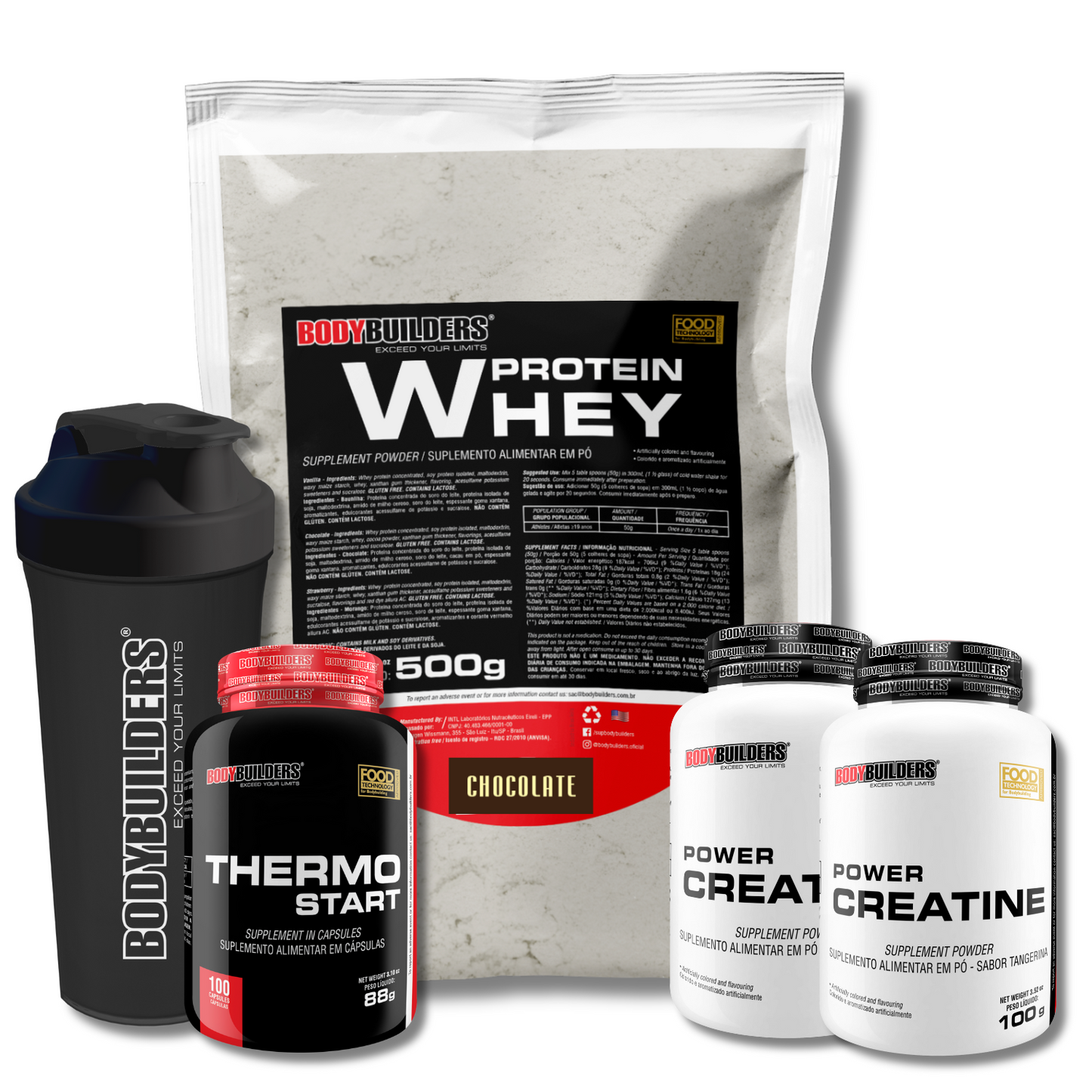 Kit Whey Protein 500g + 2x Power Creatina 100g + Thermo Start 100 Cáps + Coqueteleira - Bodybuilders