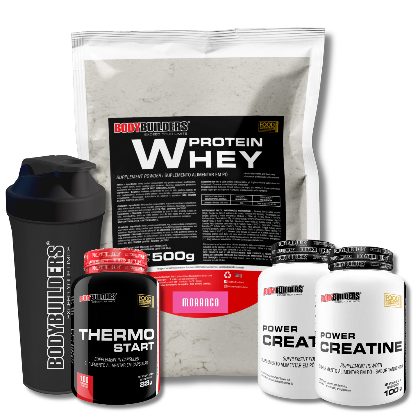 Kit Whey Protein 500g + 2x Power Creatina 100g + Thermo Start 100 Cáps + Coqueteleira - Bodybuilders