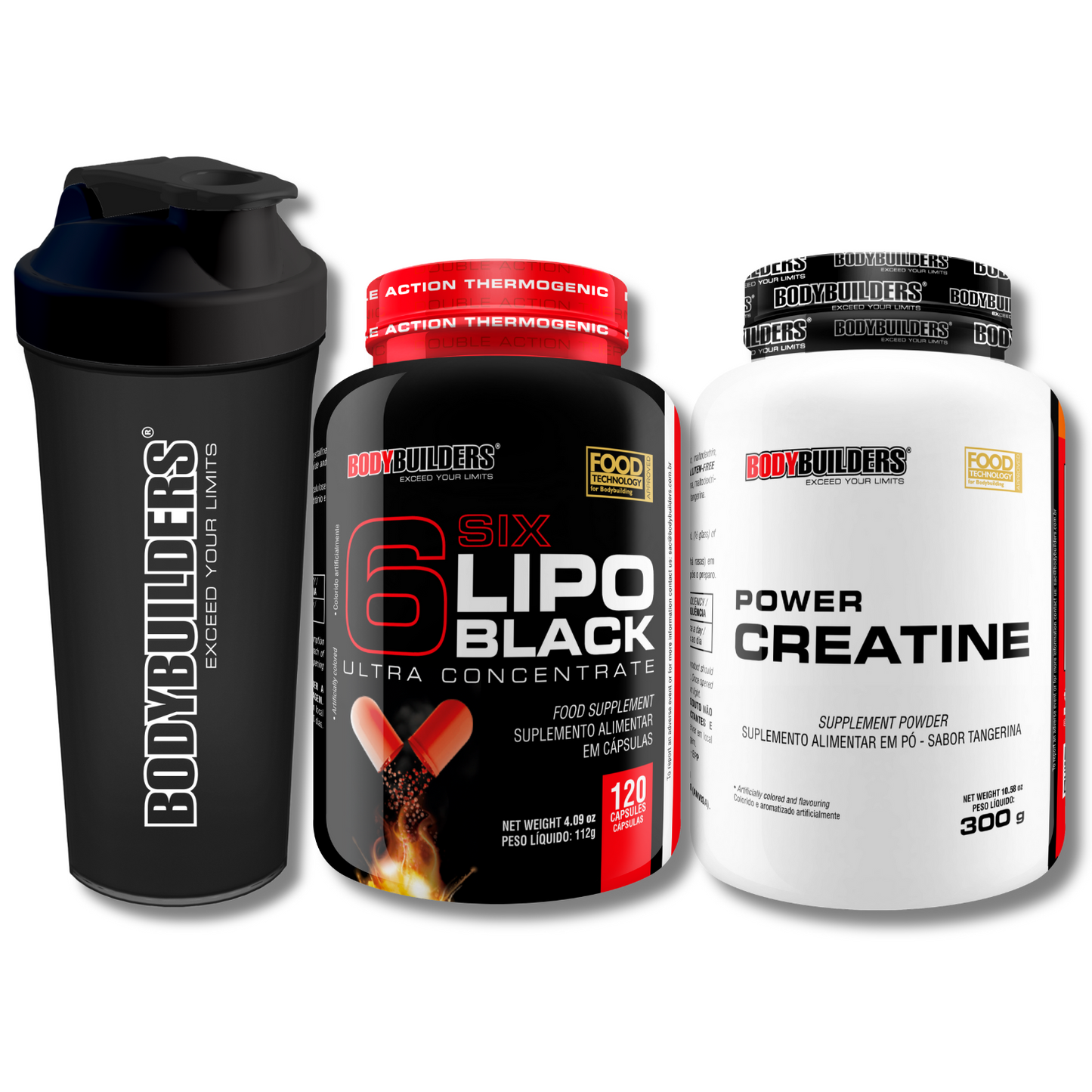 Kit 6 Six Lipo 120 Cáps + Power Creatine 300g + Coqueteleira 600ml - Bodybuilders