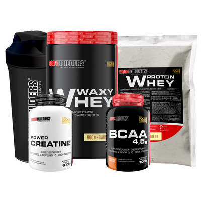 Kit Waxy Whey 900g + Whey Protein 500g + BCAA 100g + Power Creatine 100g + Coqueteleira 600ml - Bodybuilders