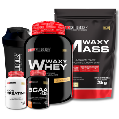 Kit Waxy Whey 2kg + Waxy Mass 3kg + Creatine 100% 100g + BCAA 100g + Coqueteleira - Bodybuilders
