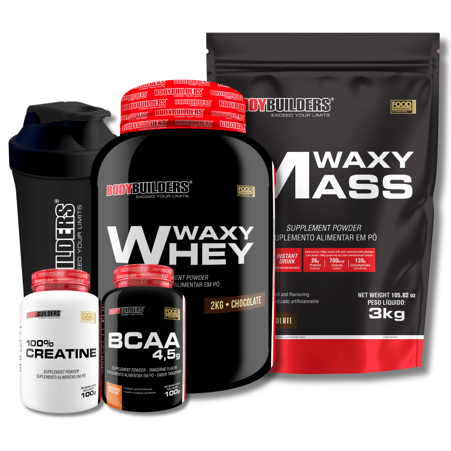 Kit Waxy Whey 2kg + Waxy Mass 3kg + Creatine 100% 100g + BCAA 100g + Coqueteleira - Bodybuilders