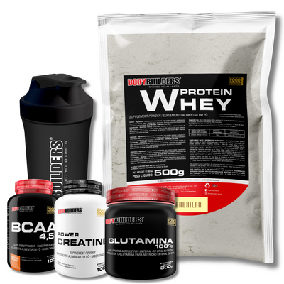 Kit Whey Protein 500g + Glutamina 300g + Power Creatine 100g + BCAA 100g + Coqueteleira - Bodybuilders