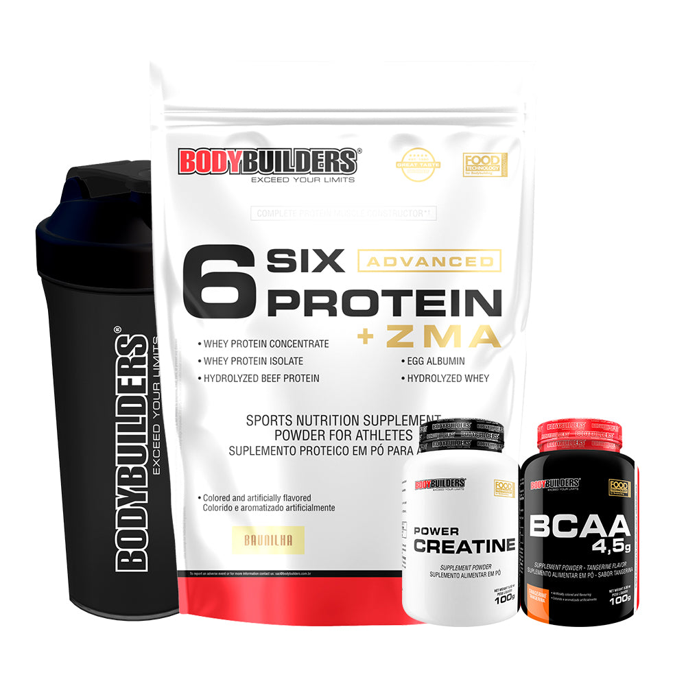 KIT Whey Protein Isolado Six Gold + ZMA 2Kg + Power Creatina 100g + BCAA 100g + Coqueteleira - BodyBuilders