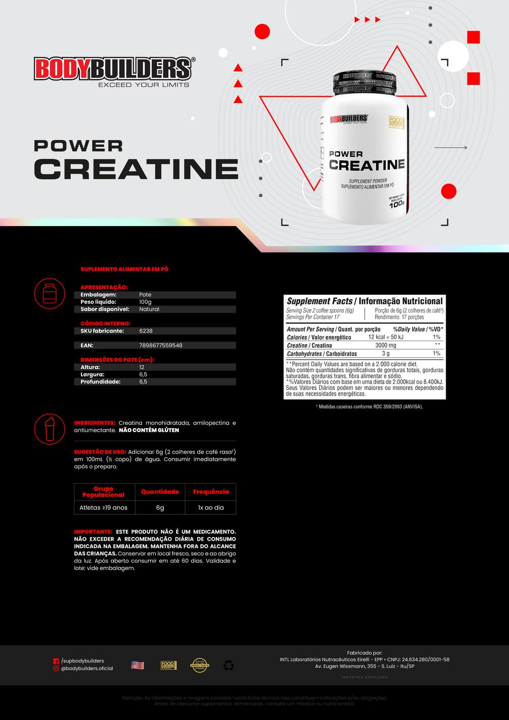KIT Whey Protein 500g + Power Creatina 100g + POWER Glutamina 100g + BCAA 4.5g 100g - Bodybuilders