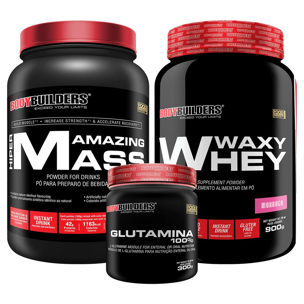 Kit Waxy Whey 900g + Hipercalórico Amazing Mass 1,5kg + Glutamina 100% 300g – Bodybuilders