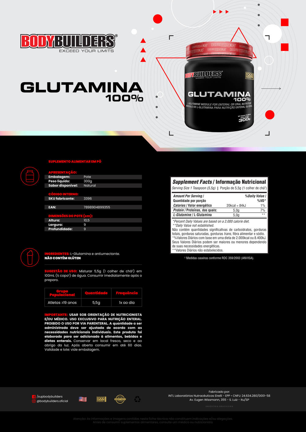 Kit Whey Protein 500g + Glutamina 300g + Power Creatina 100g + BCAA 100g + Coqueteleira - Bodybuilders