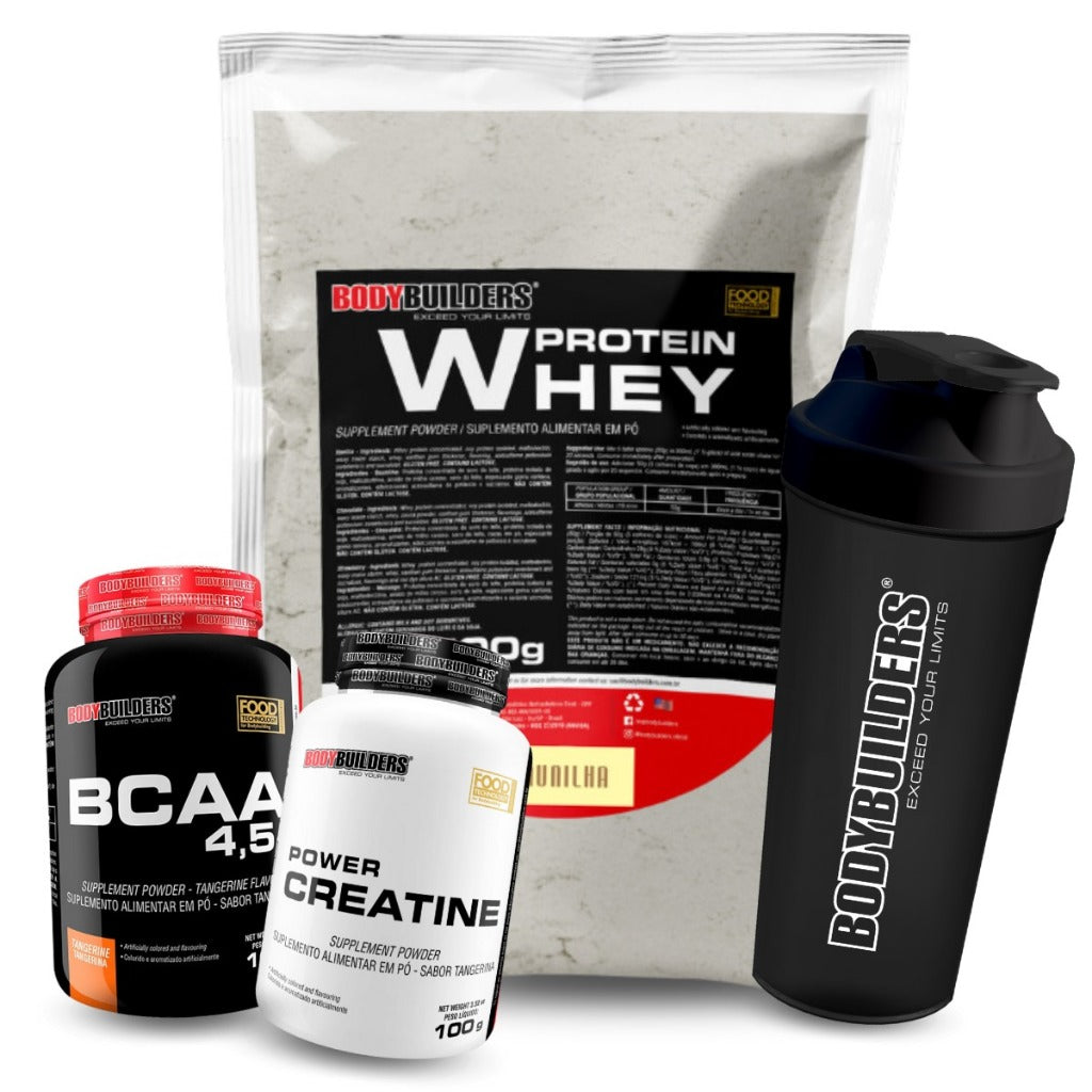 Kit Whey Protein 500g + BCAA 4,5 100g + Power Creatine 100g + Coqueteleira – Bodybuilders