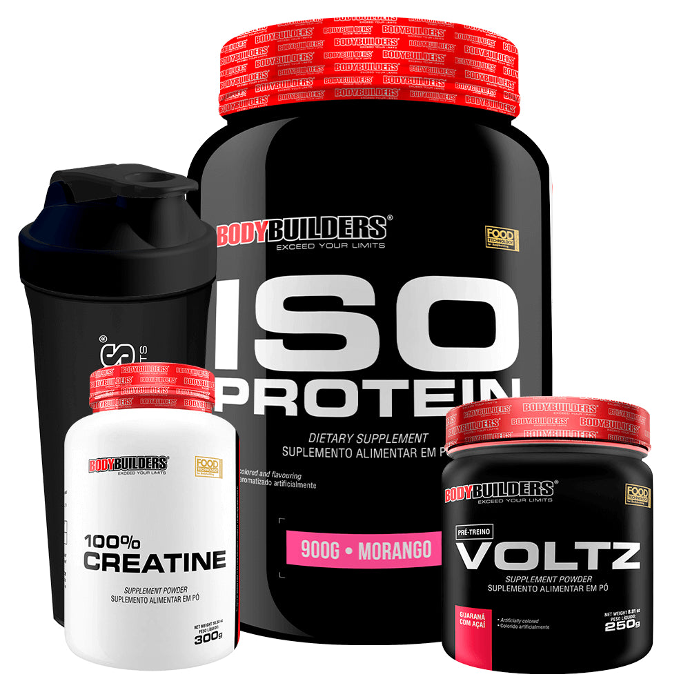 Kit Whey Protein Iso Protein 900g + Creatina 100% Pura 300g+ Pré Treino Voltz 250g + Coqueteleira