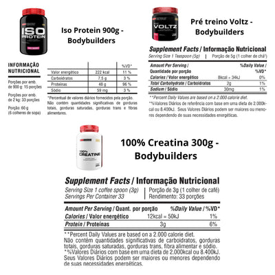 Kit Whey Protein Iso Protein 900g + Creatina 100% Pura 300g+ Pré Treino Voltz 250g + Coqueteleira