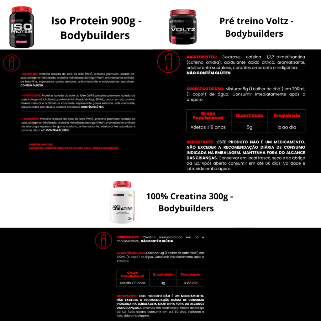 Kit Whey Protein Iso Protein 900g + Creatina 100% Pura 300g+ Pré Treino Voltz 250g + Coqueteleira