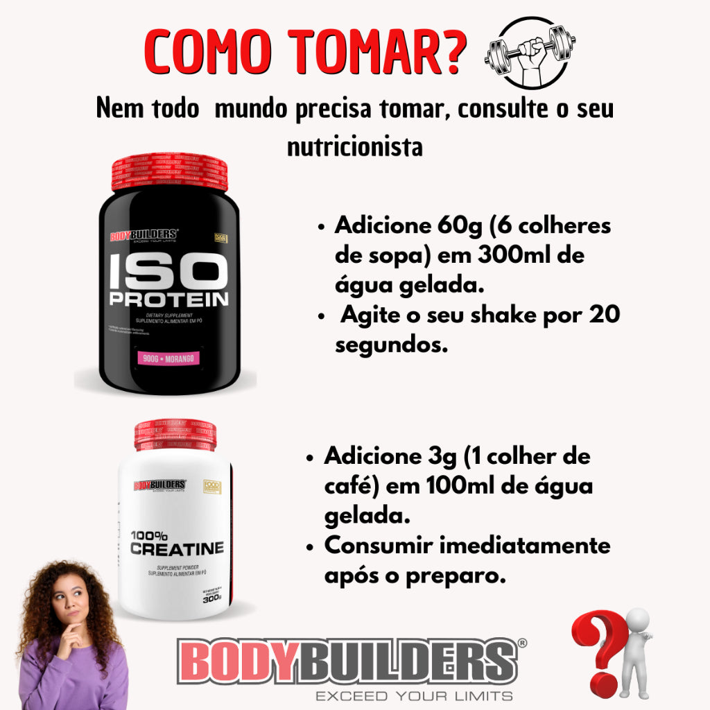 Kit Whey Protein Iso Protein 900g + Creatina 100% Pura 300g+ Pré Treino Voltz 250g + Coqueteleira