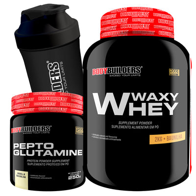 Waxy Whey (35%) 2kg + Pepto Glutamine 250g + COQUETELEIRA 600ml - Bodybuilders