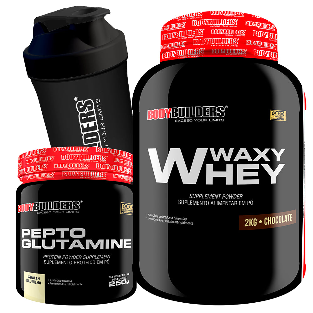 Waxy Whey (35%) 2kg + Pepto Glutamine 250g + COQUETELEIRA 600ml - Bodybuilders