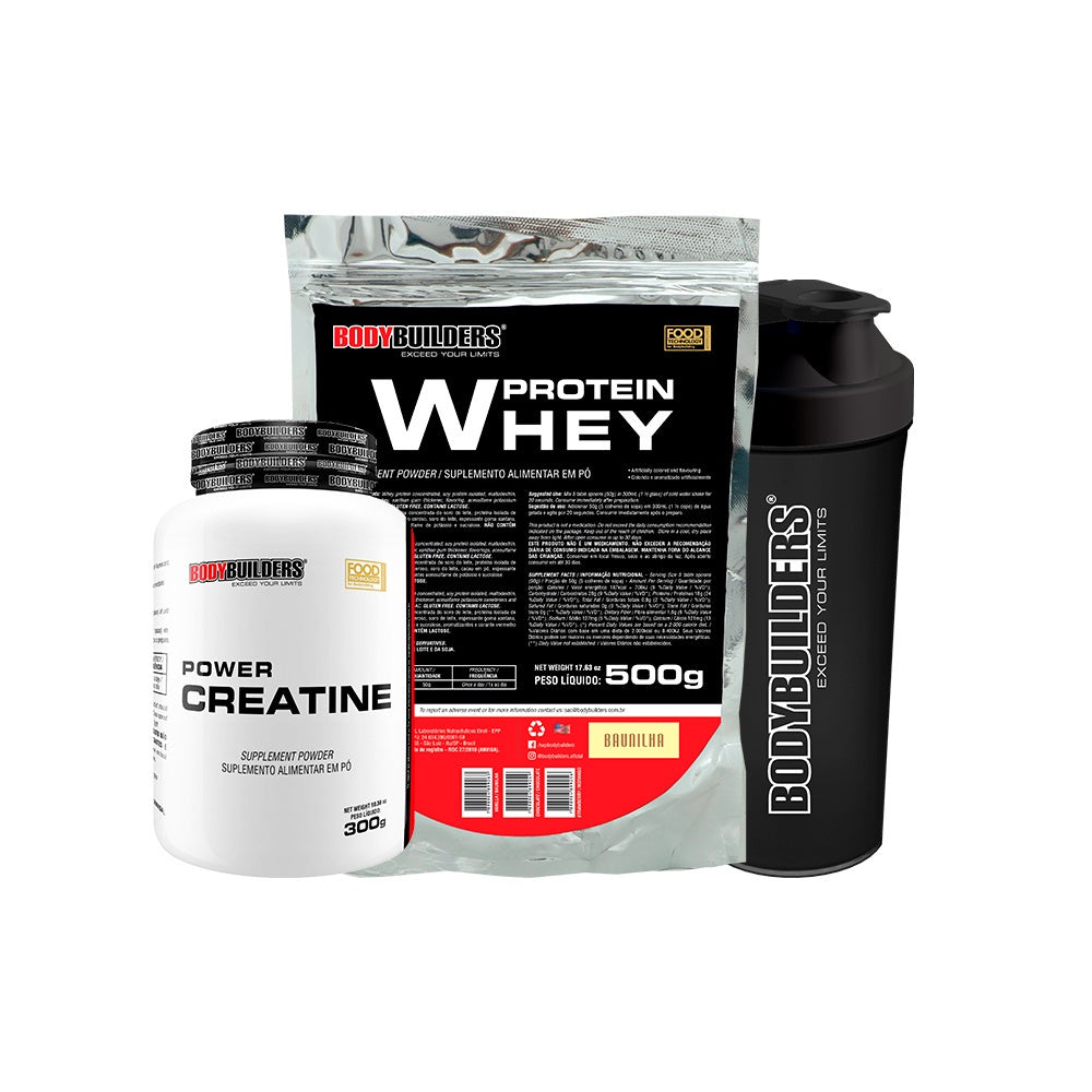 KIT Whey Protein 500g + Power Creatina 300g + Coqueteleira - Bodybuilders