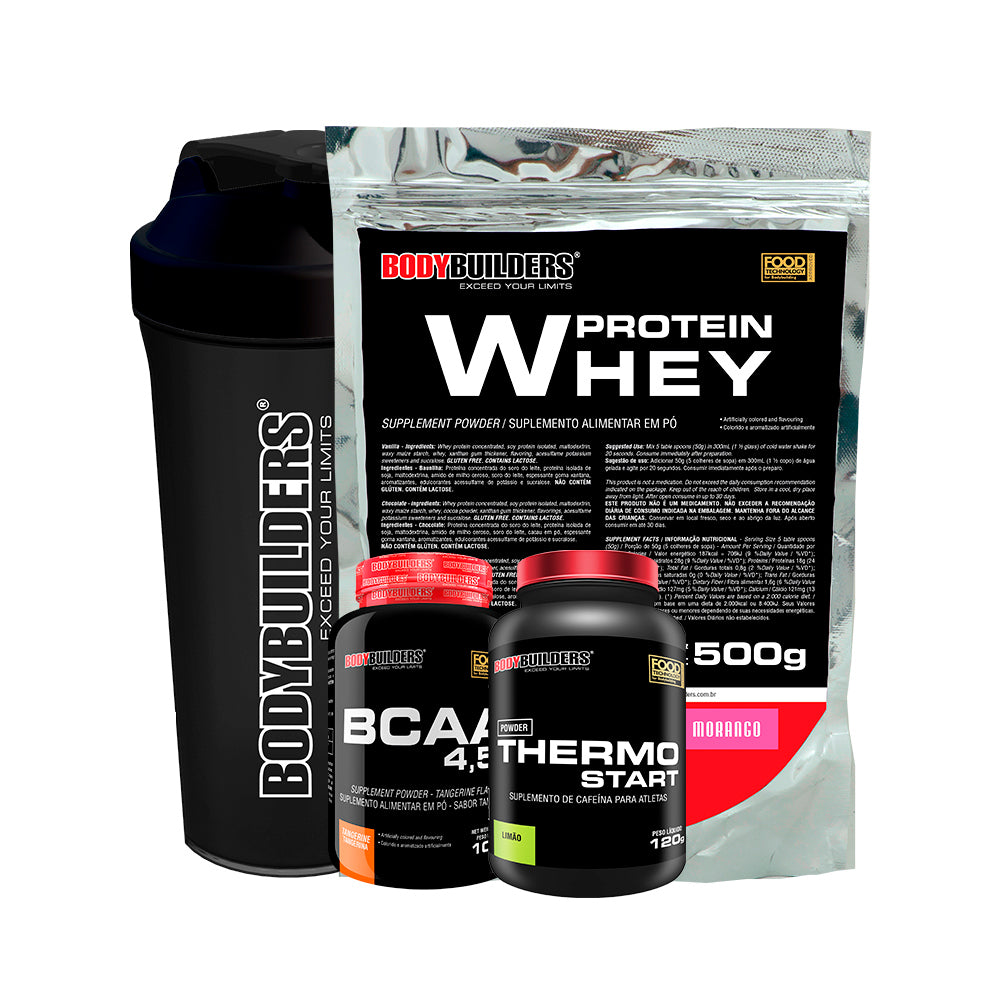 Kit Whey Protein 500g + BCAA 100g + Thermo Start 120g + Coqueteleira -Bodybuilders