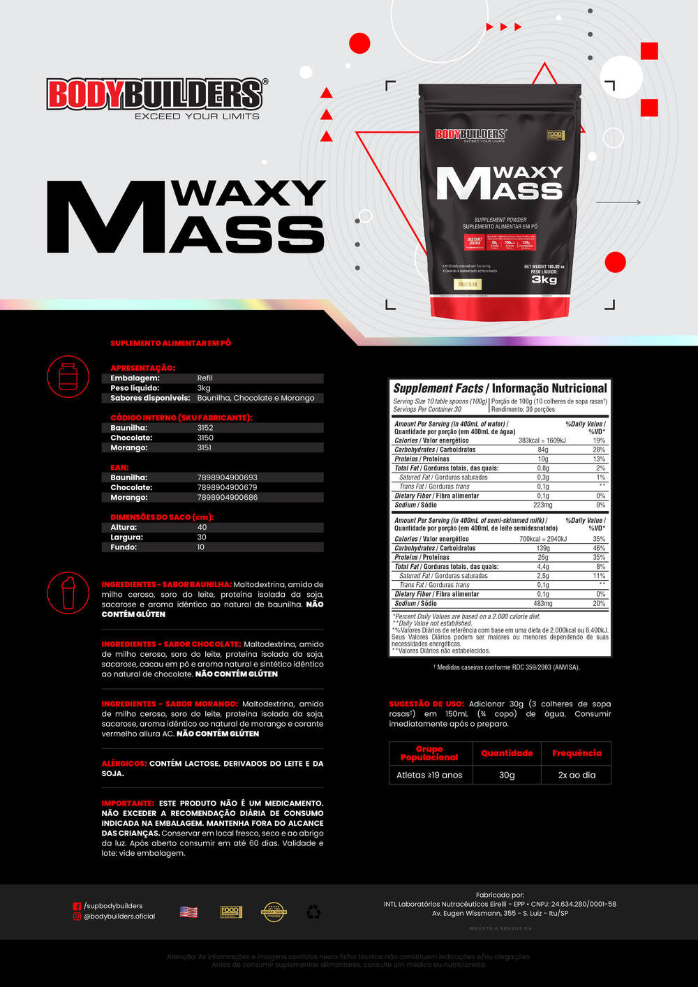 Hipercalórico Waxy Mass 3kg (Refil) – Bodybuilders