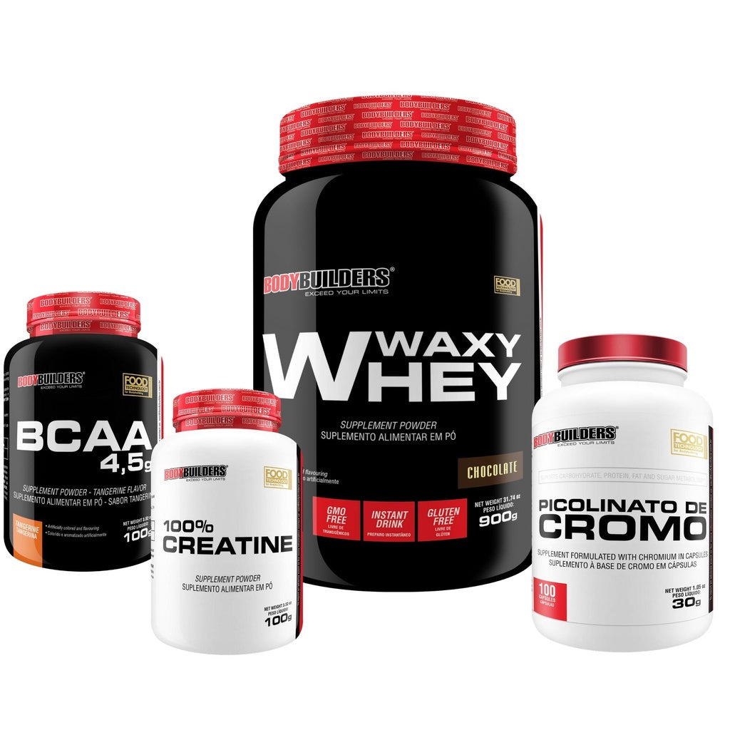 KIT Whey Protein 900g + BCAA 4.5 100g + Creatina 100g + Picolinato 100 Cápsulas - Bodybuilders